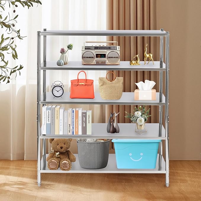Stainless Steel Shelving 5 Tier Utility Bakers Racks Adjustable Shelf Storage Heavy Duty Shelving for Kitchen Commercial Office Garage Storage Laundry Room Organization (5-Tier 60*18*71in)