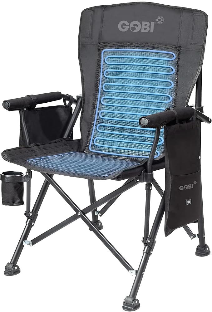 Gobi Heat Zephyr Dual Zone Cooled Camping Chair – Water Circulatory System USB Rechargeable Battery 2 Cooling Zones – Padded Arms Cup Holder &amp Carrying Case – Wind &amp Water Resistant