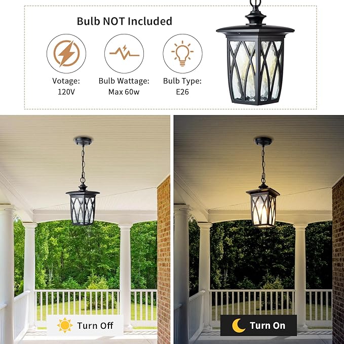 JYZ 2 Pack Outdoor Pendant Light Fixture 12'' Exterior Hanging Lantern Modern Black Metal Outside Chandelier Light Fixture Ceiling Mount with Water Ripple Glass &amp Adjustable Chain for Porch Gaz