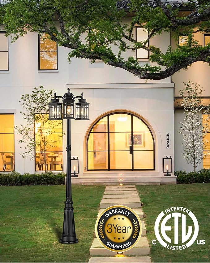 Dusk to Dawn Outdoor Lamp Post Light Black Outdoor Street Lights 3-Head Hardwired Lamp Post Light Fixture for Outside Outside Pole Light Fixtures with Bubble Glass for Yard Garden Backyard