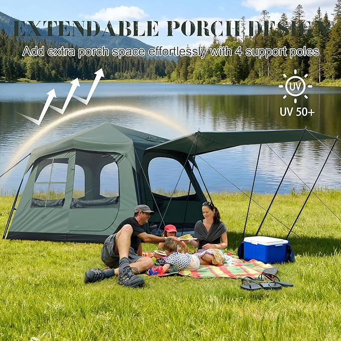 6-8 Person Camping Tent with Porch Large Family Cabin Tent with 2 Rooms 3 Doors Tall &amp Spacious Waterproof Glamping Tent Big Tents for Outdoor Camping Hiking Backyard