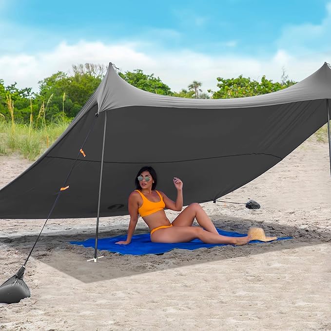 Red Suricata Family Beach Parasol - Sun Shade Canopy | UPF 50 UV Protection | Tent with 4 Aluminium Poles 4 Pole Anchors 4 Sandbag Anchors | Large &amp Portable Shelter Tarp