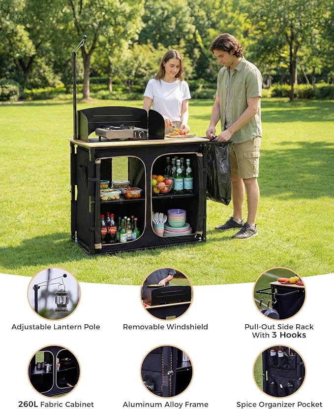 KingCamp Bamboo Camp Kitchen Station Folding Overland Camping Kitchen Table Hooks Portable Outdoor Cooking with Adjustable Lantern Pole &amp Windshield Storage Organizer for Tailgating BBQ Picnic RV