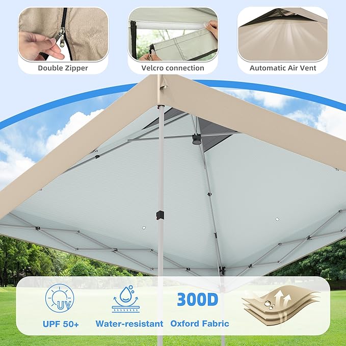 10x10 Pop Up Canopy Tent with Mosquito Netting Outdoor Portable Screen Tent for Yard Party Camping and Picnic 3 Height Positions Patio Gazebo with Roller Bag and 4 Sandbags Khaki