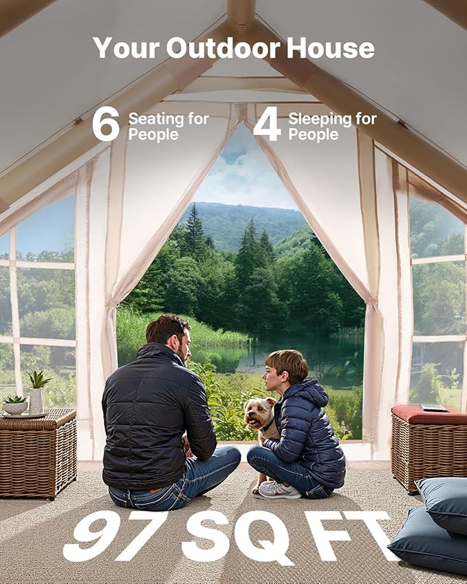 VEVOR Inflatable Tents for Camping Easy Setup Blow up Tent with Hand Pump 4 Season Glamping Tent with Stove Jack Doors &amp Mesh Windows Storage Bag Included for Easy Taking