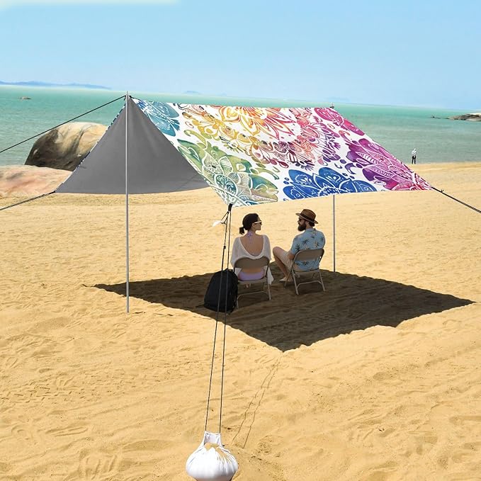 ALAZA Rainbow Mandala Watercolor Beach Tent Sun Shelter UPF50+ Protection Beach Shade Canopy w/ 4 Sandbags for Outdoor Camping Fishing Backyard Fun Picnic 10x9 ft