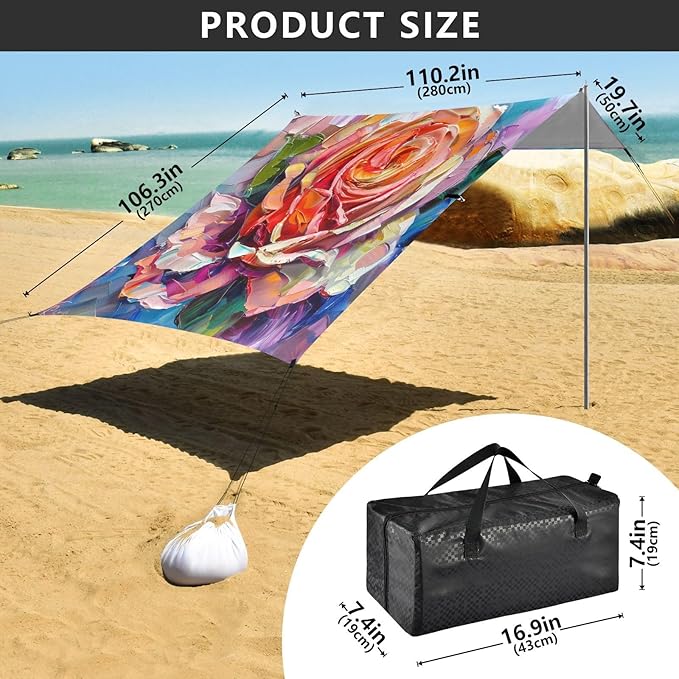 ALAZA Blooming Colorful Rose Flower Painting Beach Tent Sun Shelter UPF50+ Protection Beach Shade Canopy w/ 4 Sandbags for Outdoor Camping Fishing Backyard Fun Picnic 10x9 ft