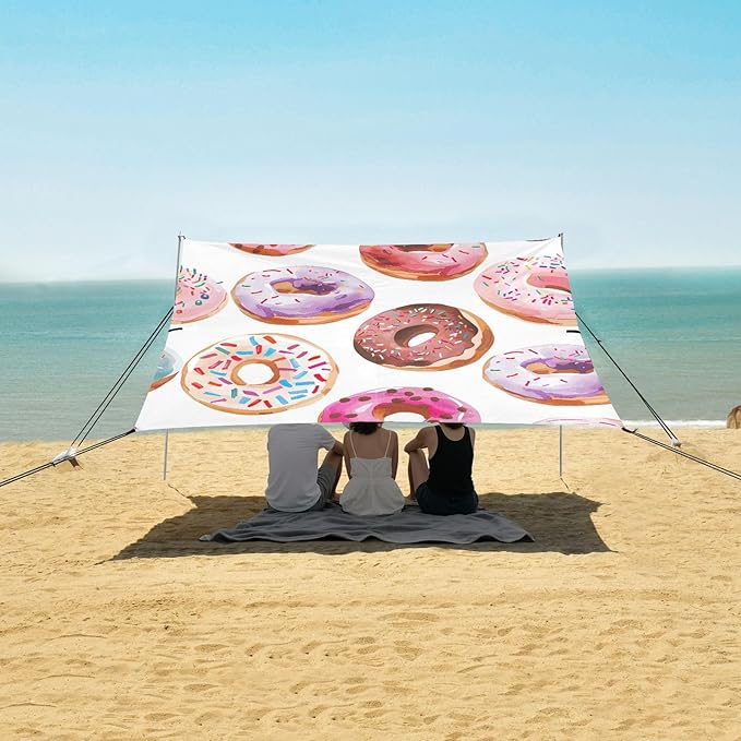 Cute Donuts Beach Tent Sun Shelter 9.2' x 10.5' Beach Canopy with 4 Sandbags 4 Stability Poles Sand Shovels - Tent Canopy for Beach Camping Fishing Picnics