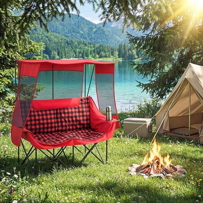 Double Camping Chair with Canopy Shade 660lbs Heavy Duty Beach Chair Portable Folding 2 Person Camping Loveseat with Cup Holder and Storage Bag for Lawn Beach Outdoor Sport(Red Plaid)
