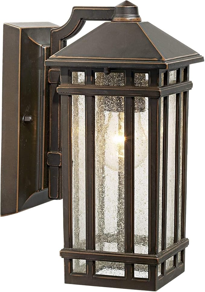 Kathy Ireland Sierra Craftsman Art Deco Outdoor Wall Light Fixture Rubbed Bronze Metal 10 1/2 Frosted Seeded Glass Panels for Exterior House Porch Patio Outside Deck Garage Yard Front Door