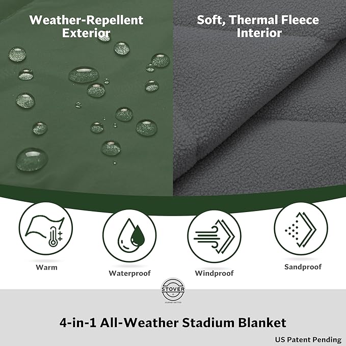 STOVER Large Waterproof Outdoor Stadium Blanket- Extra Thick Soft Fleece Camping Blanket for Travel Picnics Sports Dogs 79x55 Warm Windproof Sand-Proof Lightweight Packable (Game Day Green)