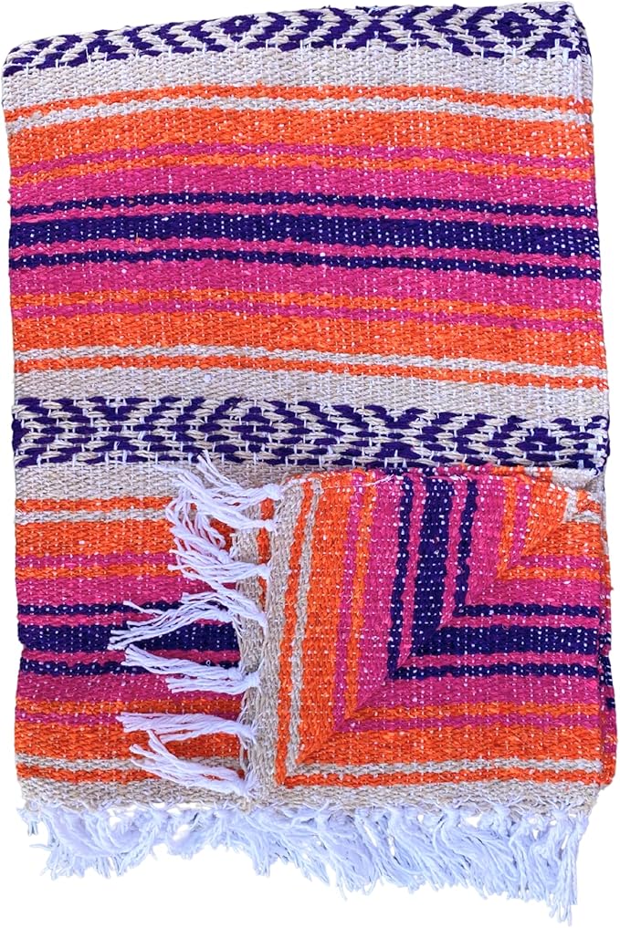 Del Mex Classic Mexican Blanket Large Authentic Woven Falsa Throw (70x50) Artisan Southwest Décor for Beach Yoga Outdoors (Pink/Orange)