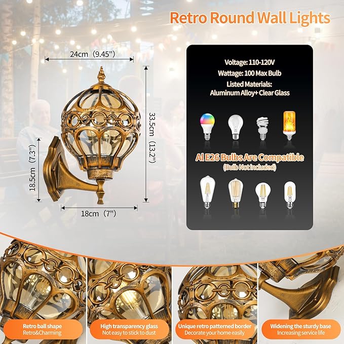 Globe Outdoor Wall Lights Fixtures Anti Rust Gold Sphere Porch Wall LightAluminum Waterproof Outside spherical hardwired Lights for House Patio Porch Backyard Garage Front Door No SensorGeneral