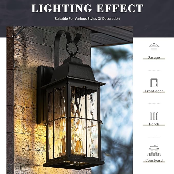 zeyu 17.2 Inch Exterior Black Light Fixture 2-Light Outside Wall Light for House Die-Cast Aluminum with Water Ripple Glass Black and Gold Finish 20071B2 BK+BG-WP