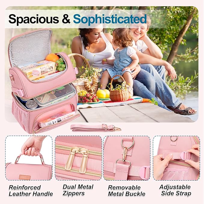 Lunch Bags for Women Dual Compartment Lunch Box Lunch Bag for Work Leakproof Lunch Cooler Large Insulated Lunchbox for Adult for Women Men Lunchbag for Picnic Beach (Pink)