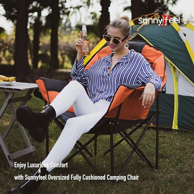 SUNNYFEEL Oversized Camping Chair Heavy Duty 500 LBS Portable Folding Chairs Orange Large Sofa Chair for Beach Trip Picnic Lawn Outdoor Camp Chair for Adults &amp Carry Bag