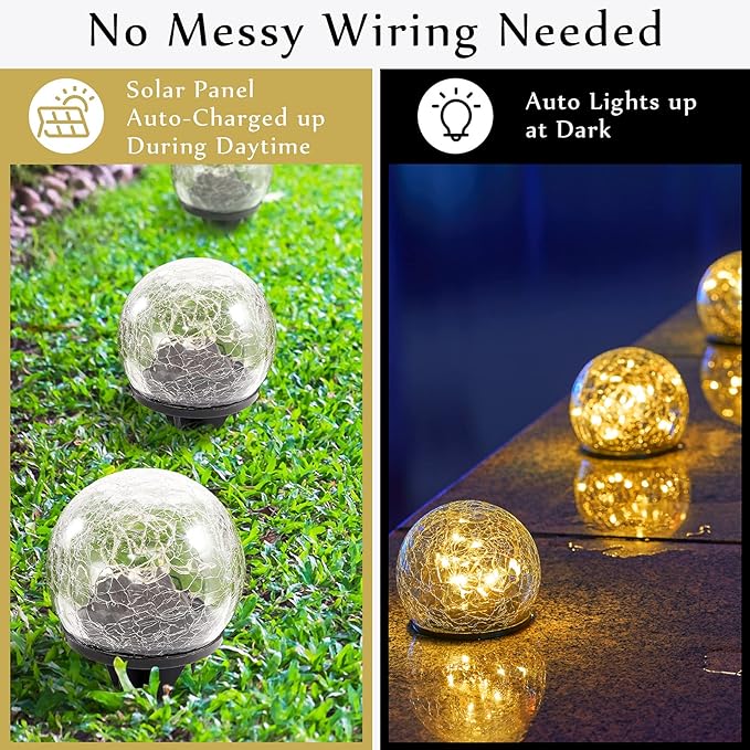 Honoson Solar Globe Lights Outdoor - Waterproof Cracked Glass Balls for Garden Patio Lawn &amp Yard Warm White Solar LED Lights with Easy Installation &amp Durable Design(3.9 Inch12 Pieces)