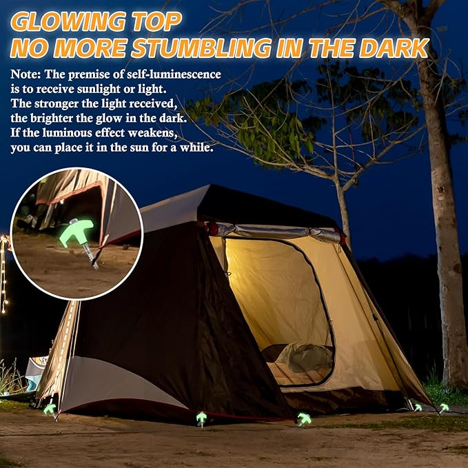 10 Pcs 8 Heavy Duty Drill Tent Stakes with Storage Bag Glow-in-The-Dark Ground Anchor Peg Metal Threaded Screw-in Tent Stake for Camping Swing Canopies with 1 Hex Nut Driver Peg Puller