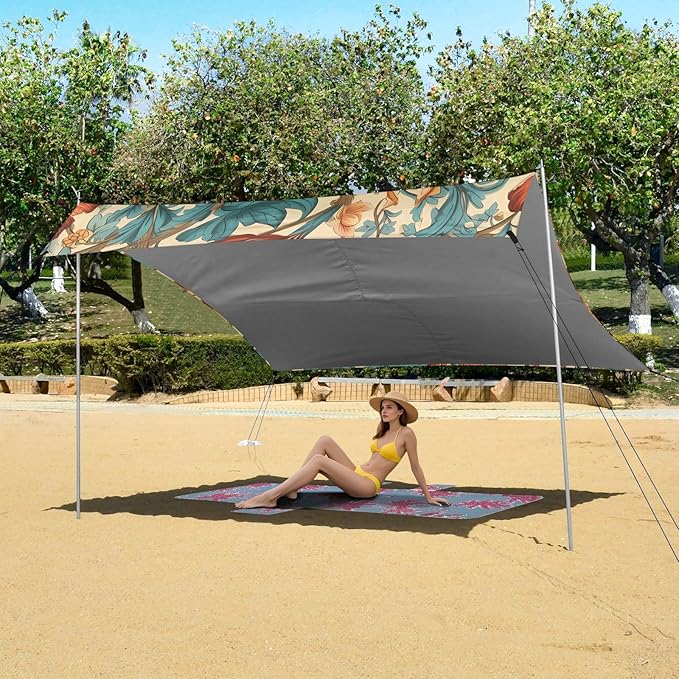 Beach Tent Sun Shelter Retro Blue-Orange Flowers Lightweight &amp Easy Setup Beach Shade Canopy for Camping Fishing
