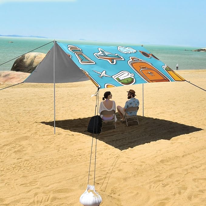 ALAZA Travel Sticker Beach Tent Sun Shelter UPF50+ Protection Beach Shade Canopy w/ 4 Sandbags for Outdoor Camping Fishing Backyard Fun Picnic 10x9 ft