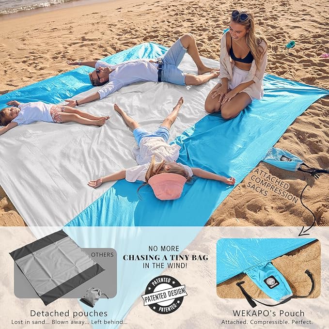 WEKAPO Beach Blanket Sandproof Waterproof Extra Large Beach Mat Oversized &amp Compact Sand Free Quick Drying Beach Essentials for Vacation Cruise Picnic &amp Camping with Stakes