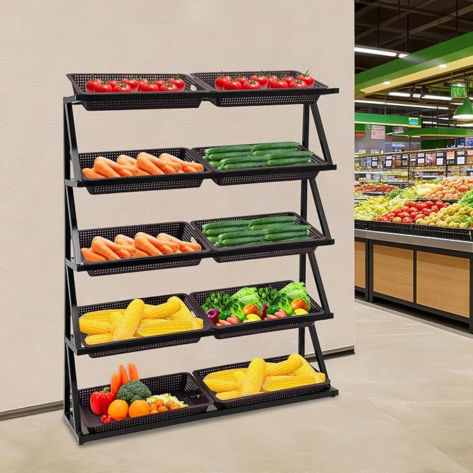 5-Tier Retail Display Rack Market Shelf Snack Rack with Adjustable Feet Supermarket Retail Display Stand with Metal Frame for Home Restaurants and Fruit Stores 47.24x13.78x59.06in