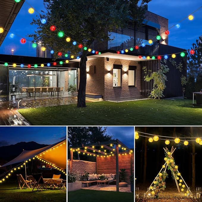 Solar Lantern String Lights Waterproof Outdoor 40ft 40Led Warm White &amp Multi-Color Garden Lights Hanging Hemp Rope Nylon Lanterns with Remote Timer for Yard Balcony Fences Porch