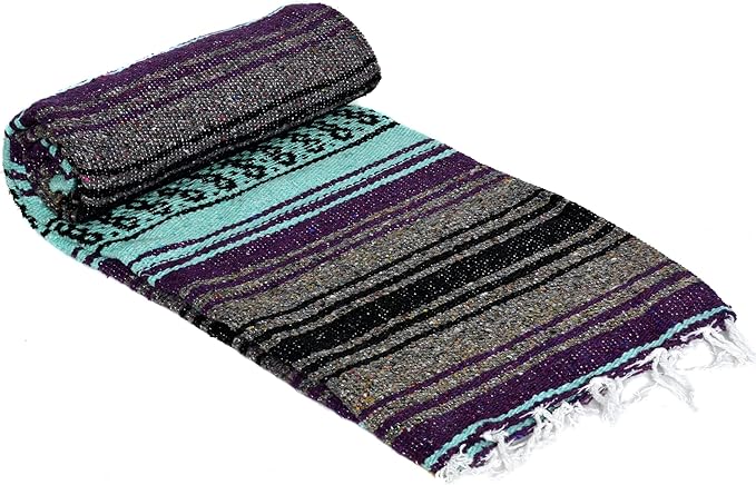 La Montana Mexican Blankets and Throws 4 Pk 74x50 Made in Mexico Lightweight Yoga Blanket for Schools Studios Outdoors Camping Picnic Decor-Machine Washable Dark Purple/Mint Green/Charcoal