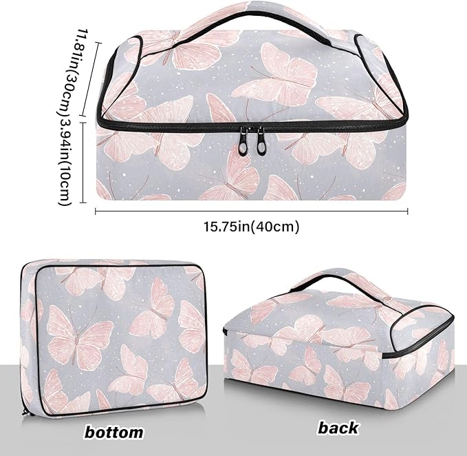 Casserole Carrier Cute Butterfly GreyInsulated Casserole Carrier for Hot or Cold Food Thermal Lunch Tote for Potluck Parties Picnic Beach Fits 9 x 13 Inches Baking Dish