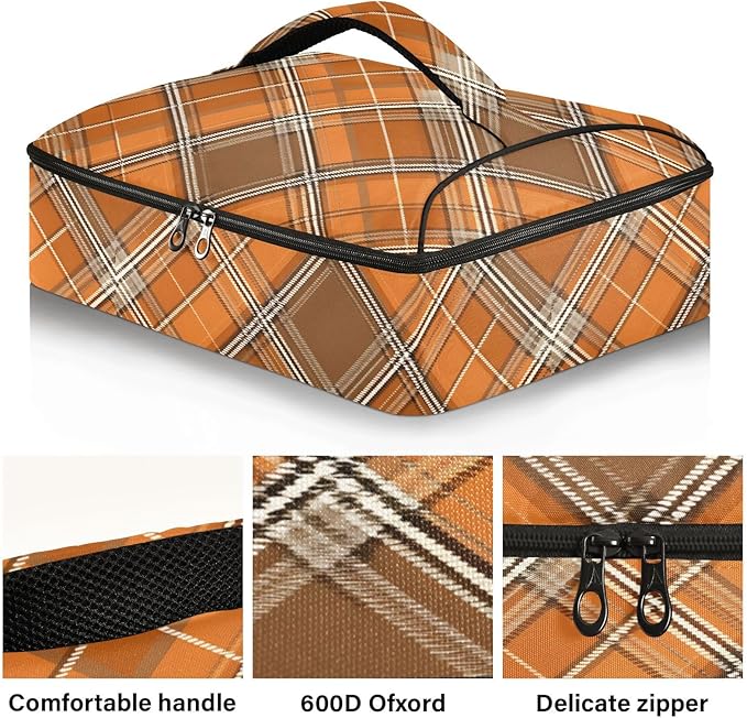 Casserole Carrier Orange and Brown Tartan Print Pattern Insulated Casserole Carrier for Hot or Cold Food Thermal Lunch Tote for Parties Picnic Travel Carry Bag