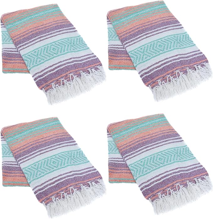 La Montana Mexican Blankets and Throws 4 Pack 74x50 - Made in Mexico Lightweight Yoga Blanket for Schools Studios Outdoors Camping Picnic Decor - Washable Light Purple/Melon/Mint/White