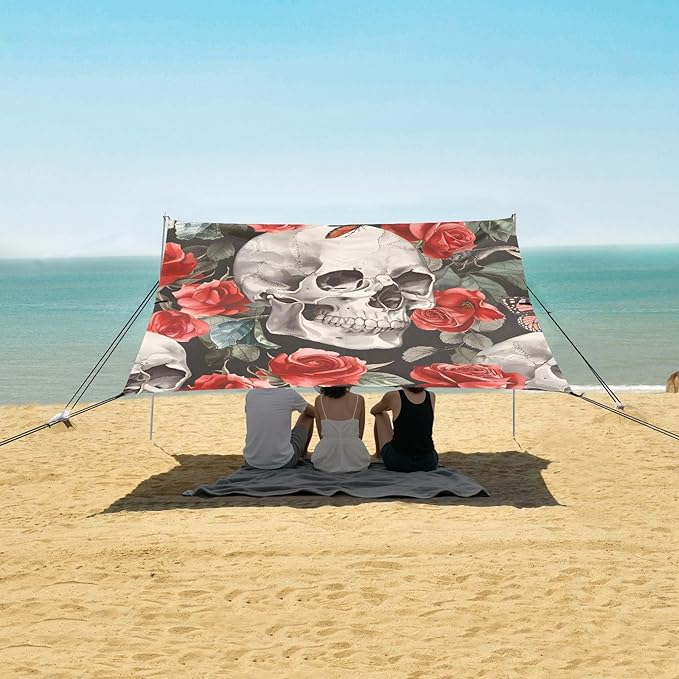 Beach Tent Sun Shelter Skull with Gorgeous Roses Lightweight &amp Easy Setup Beach Shade Canopy for Camping Fishing