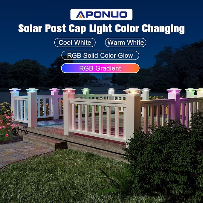 APONUO Solar Post Cap Lights with 8 RGB Solid Colors &amp Multicolor Flow - 4 Pack Fence Post Solar Lights IP65 Waterproof - Fits 4x4 5x5 6x6 Wood &amp Vinyl Posts - White