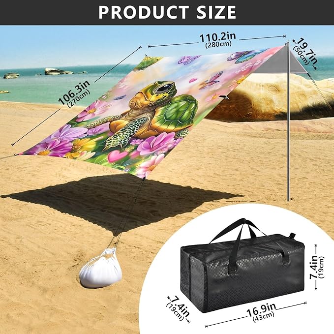 Beach Tent Sun Shelter Turtle Playing with Butterfly Lightweight &amp Easy Setup Beach Shade Canopy for Camping Fishing