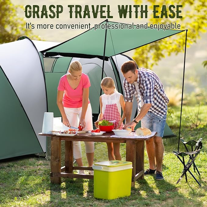 2-4 Person Family Camping Tent with Porch Weatherproof Camping Shelter with Rainfly 2 Room Easy Set Up Family Tent with Living Area for Outdoor Backyard Hiking