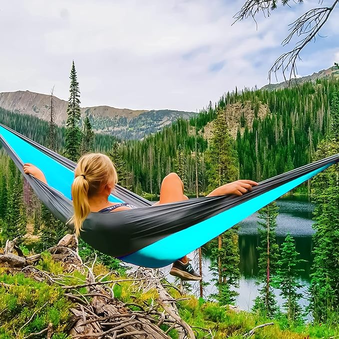 Pro Venture Double Camping Hammock - 10.5 x 6.5 FT (9ft Tree Straps 2 Carabiners) - 2 Person Portable Lightweight Parachute Nylon 210T Hammocks - for Backpacking Travel Hiking Patio (Double)…