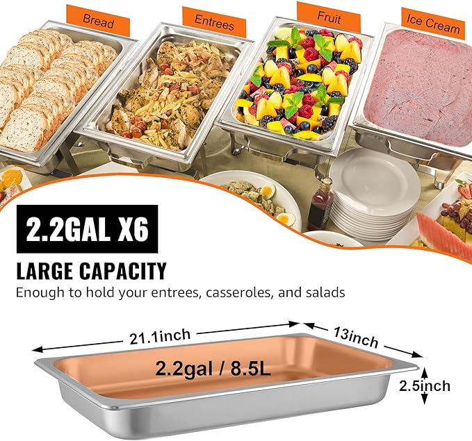 VEVOR Hotel Pans Full Size 2.5 Inch Deep Steam Table Pans 6 Pack0.8mm Thick Stainless Steel Hotel Pan Anti Jam Steam Table Pan for Home Party Restaurant Hotel Buffet