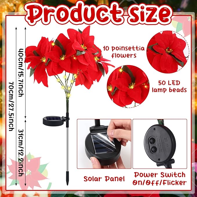VIHOSE 2 Pcs Christmas Solar Poinsettia Lights Outdoor Artificial Flowers Landscape Waterproof Solar Poinsettia Lights for Yard Lawn Patio Garden Pathway Xmas Party Supplies (10 FlowersRed)