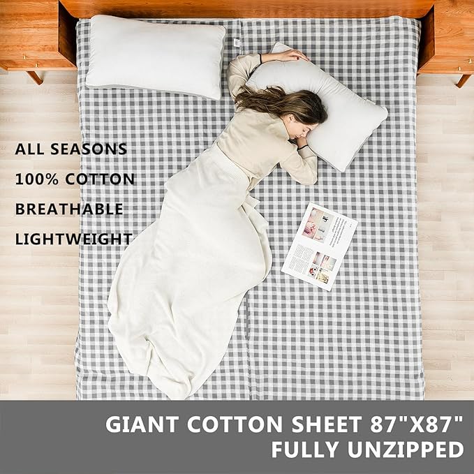 100% Cotton Sleeping Bag Liner with Full Length Zipper on 3 Sides Single/Double Adult Sleep Sack for Travel &amp Camping Multifunctional Travel Sheets (Unzipped 87”x87”) for Hotel Lightweight