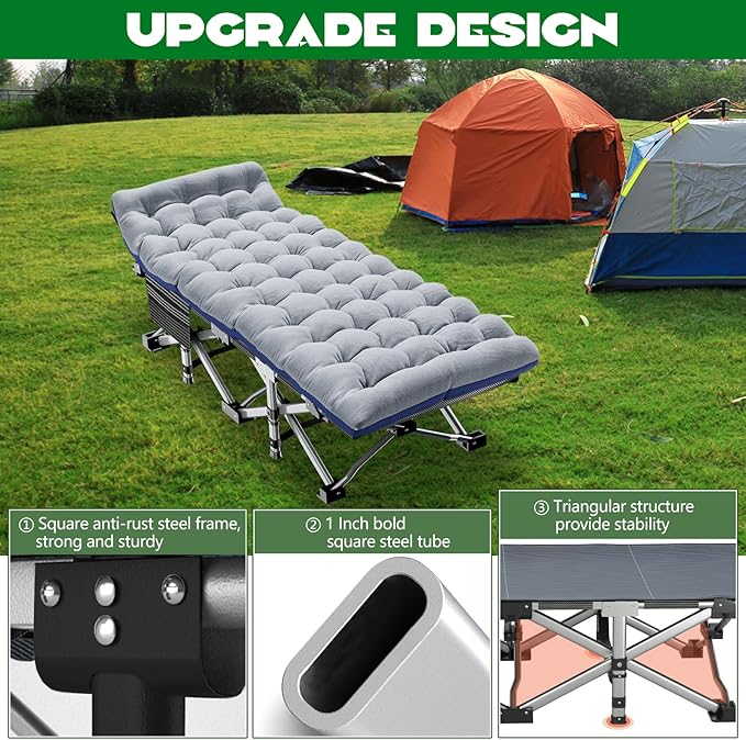 NAIZEA Folding Camping Cots for Adults Portable Cot with Mattress Heavy Duty Outdoor Bed with Carry Bag 1200d Oxford Cloth Sleeping Cots for Camping Office Nap Home Guest Beach Travel