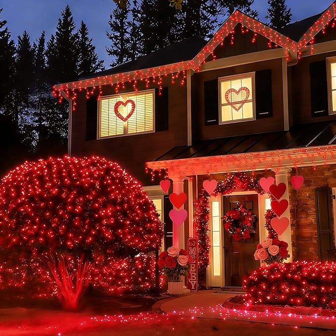 YEGUO Net Lights Outdoor Mesh Lights 12ft x 5ft 360 LED Red Valentine‘s Day Light Outdoor Waterproof 8 Modes Connectable Clear Wire Christmas Bush Light Plug in