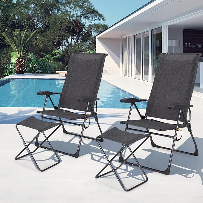 GYMAX Folding Camping Chair Patio Recline Chair with Ottomans with 7-Level Adjustable Backrest &amp Back Pocket Foldable Portable Lounge Chair with Stools for Backyard Outdoor/Indoor (2 Grey)