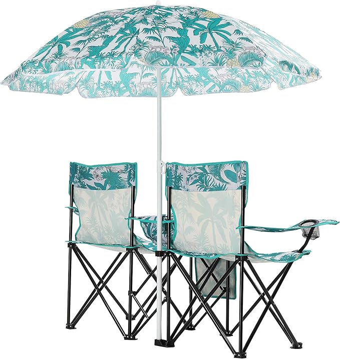 Double Folding Camping Chair with Sunshade Umbrella &amp Cup Holder &amp Pocket Durable 2 Seat Outdoor Chair for Fishing and Camping Compact Design with Carrying Bag Suit for Outdoor Adventures