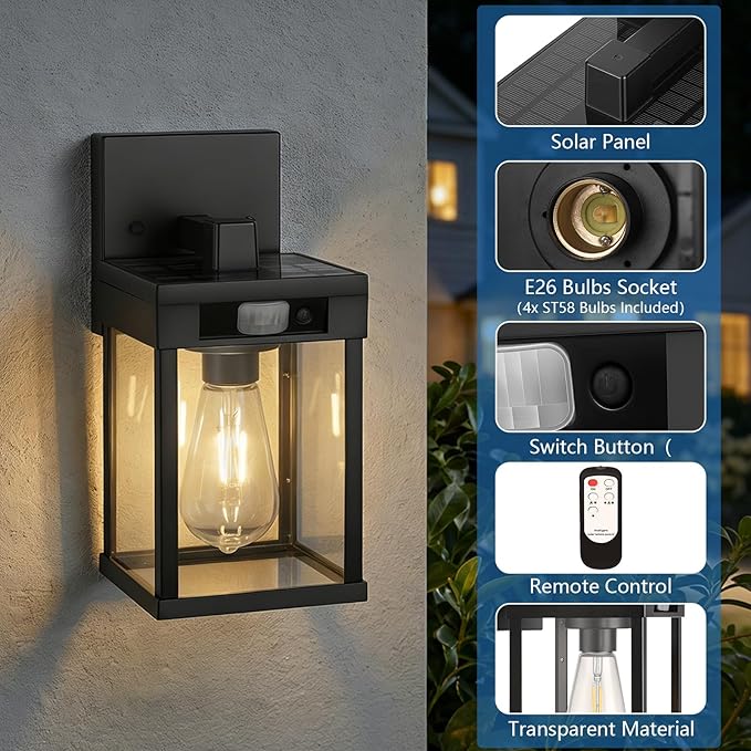 Solar Wall Lights Outdoor Set of 2 Solar Porch Lights with 3 Lighting Modes &amp Motion Sensor Dusk to Dawn Solar Porch Sconces Wall Sconce Lantern Light Fixture Black Wall Lamps for Patio Front