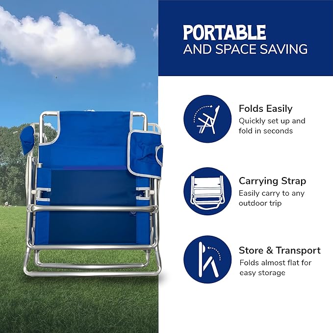 Cabana Beach Folding Beach Chair 5 Position Lightweight Portable Reclining Outdoor Camping Accessories with Headrest Shoulder Strap and Cup Holder Blue