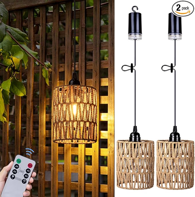 Battery Operated Chandelier Battery Hanging Pendant Light Rattan Lights with Warm White Bulb 4*AA Battery Powered for Gazebo Pergola Porch Patio Outdoor Indoor Decor (2)