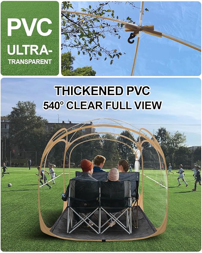 Pop Up Sports Tent - Thick PVC Scratch-Resistant Bubble Clear Tent Instant Weather Proof Pod with Extra Top Cover for Soccer Football Games Outdoor Events 3-4 Person