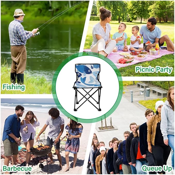 Blue Fish Portable Camping Chairs Folding Chair - Durable Oxford Fabric Lightweight Iron Frame Easy Fold Design - Ideal for Outdoor Activities Camping Fishing and Travel