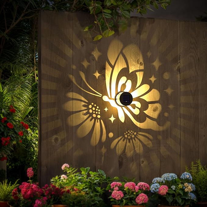 Solar Fence Lights 4 Pack Solar Deck Lamps Outdoor Decorations Powered Step Lights Wall Waterproof LED Warm Decorative Lighting for Garden (Butterfly-Flower 4)