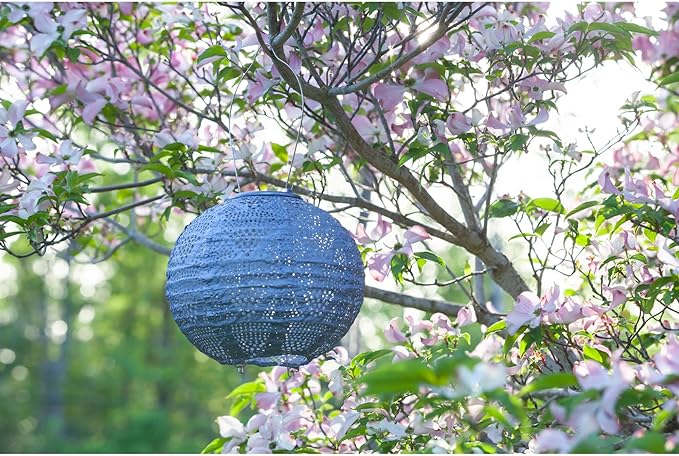 Allsop Soji Stella Globe 8 LED Outdoor Solar Lantern Handmade with Weather-Resistant UV Treated Fabric Stainless Steel Hardware Auto Sensor on/Off for Patio Deck Garden (Metallic Blue)